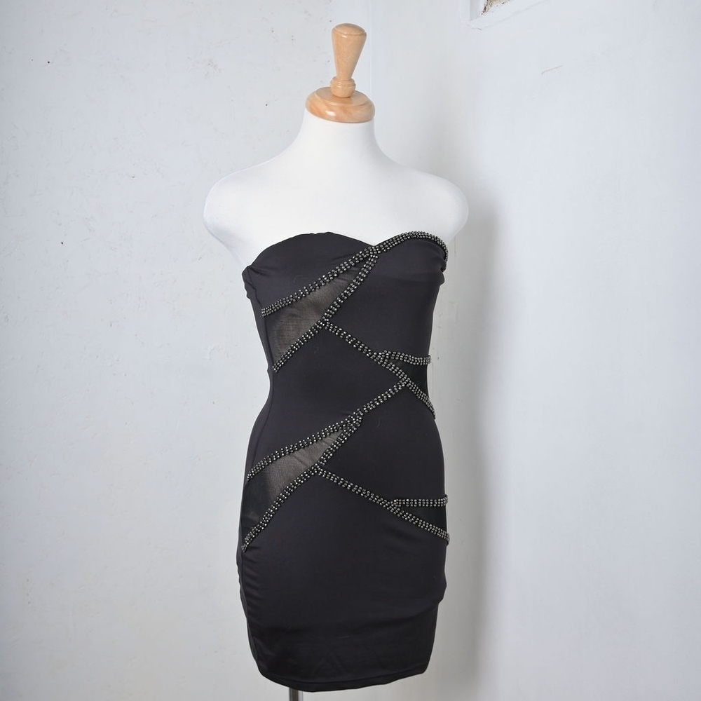 Nikibiki | Strapless rhinestone black mini dress